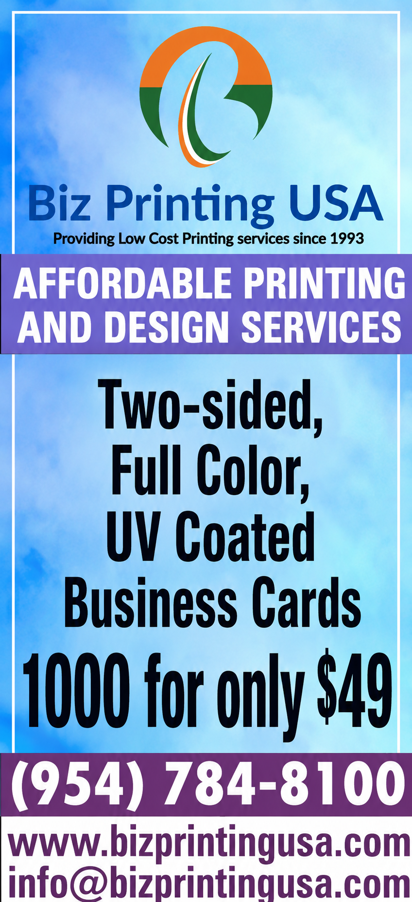 Two-sided, Full Color, UV COated Business Cards. 1000 for only $49